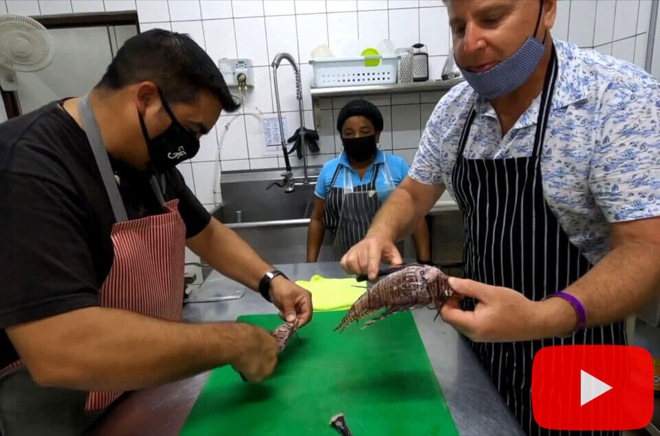 Preparing lionfish at Gostosos Restaurante in Aruba