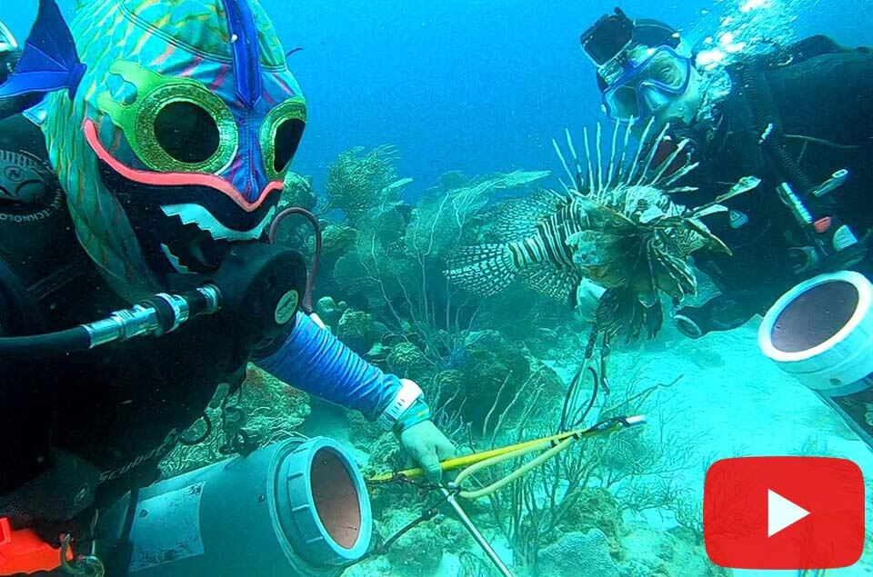 Rafael Flores and Roger Muller hunting for ;lionfish in Aruba