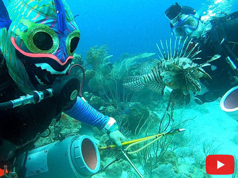 Rafael Flores and Roger Muller hunting for ;lionfish in Aruba