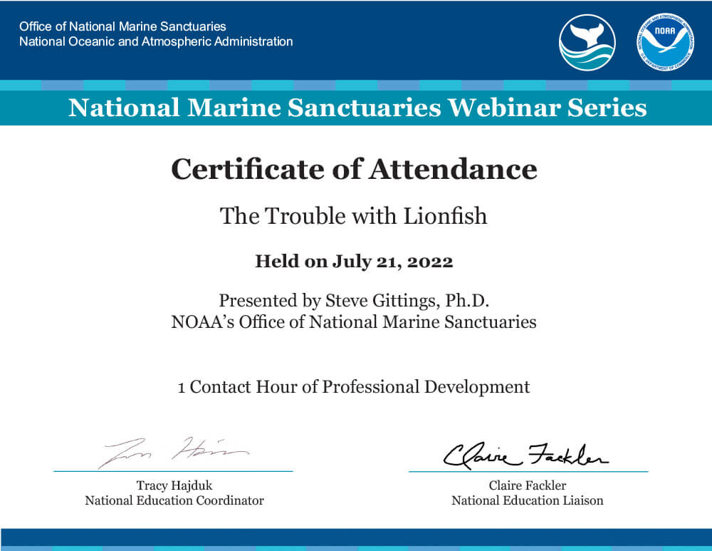 National Marine Snctuaries Webinar Series Certificate of Attendance