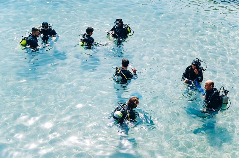 Scuba divers on the shore in the water.