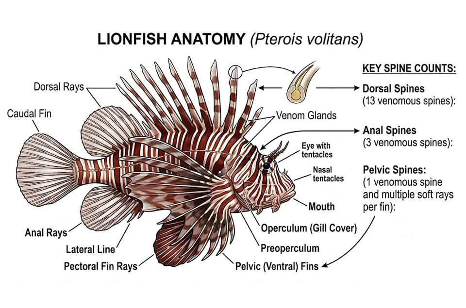 Lionfish anatomy diagram showing dorsal, anal, and pelvic venomous spines