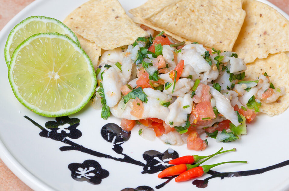 Lionfish ceviche appetizer with tortilla chips on a plate